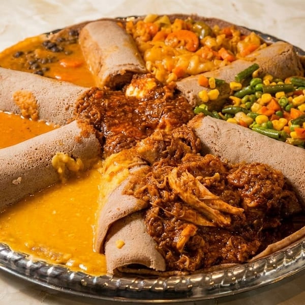 A large silver platter of Ethiopian injera bread with various stews and vegetables.